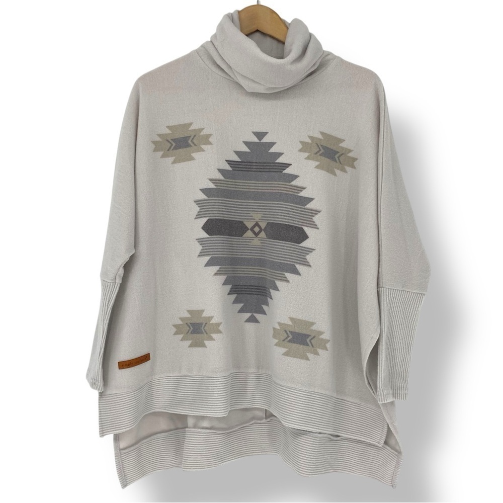 Simply Southern Gray Southwest Aztec Style Batwing Popover Cowl Neck Sweater